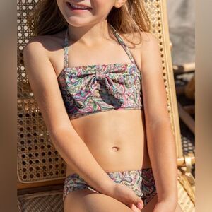 PQ Swim Kids Pink Shimmer Multi Paisley Coast Asha Bow Bikini Set